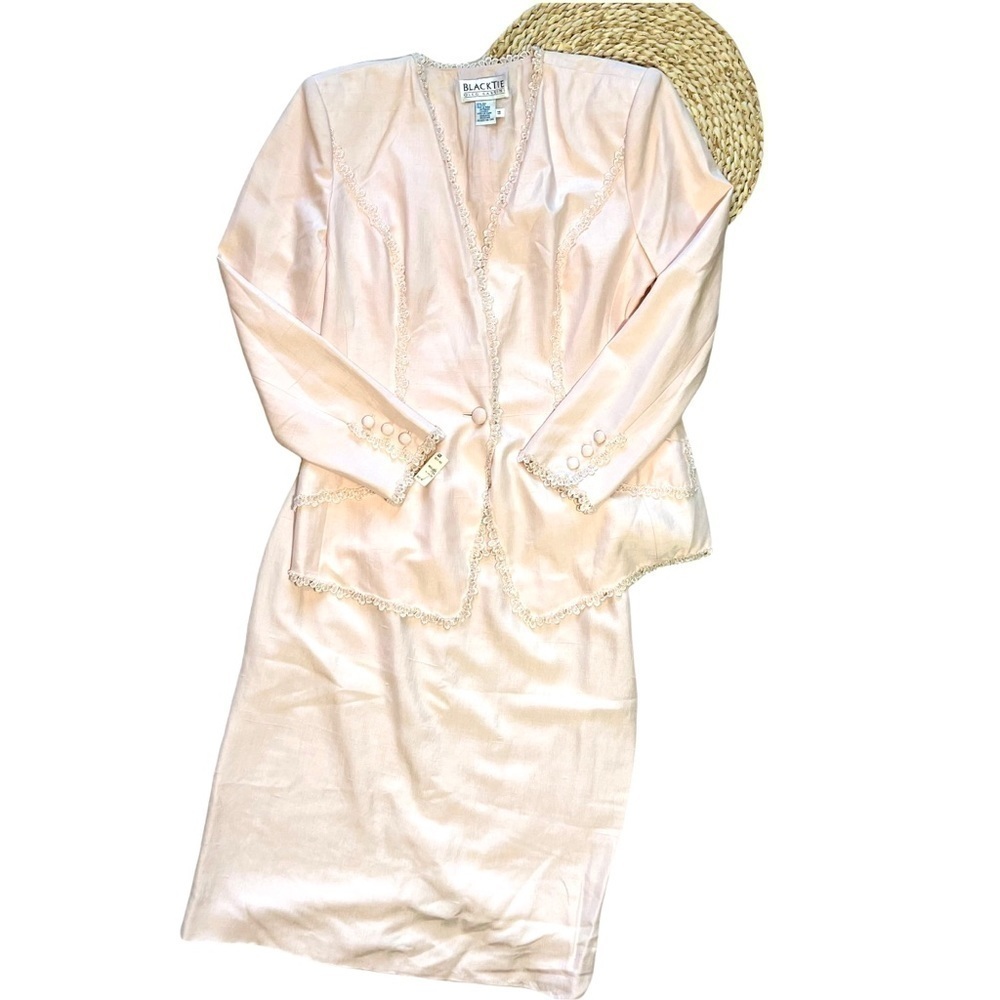 Vintage Black Tie Oleg Cassini 100% Silk Blush Embellished Suit Deadstock Sz 14